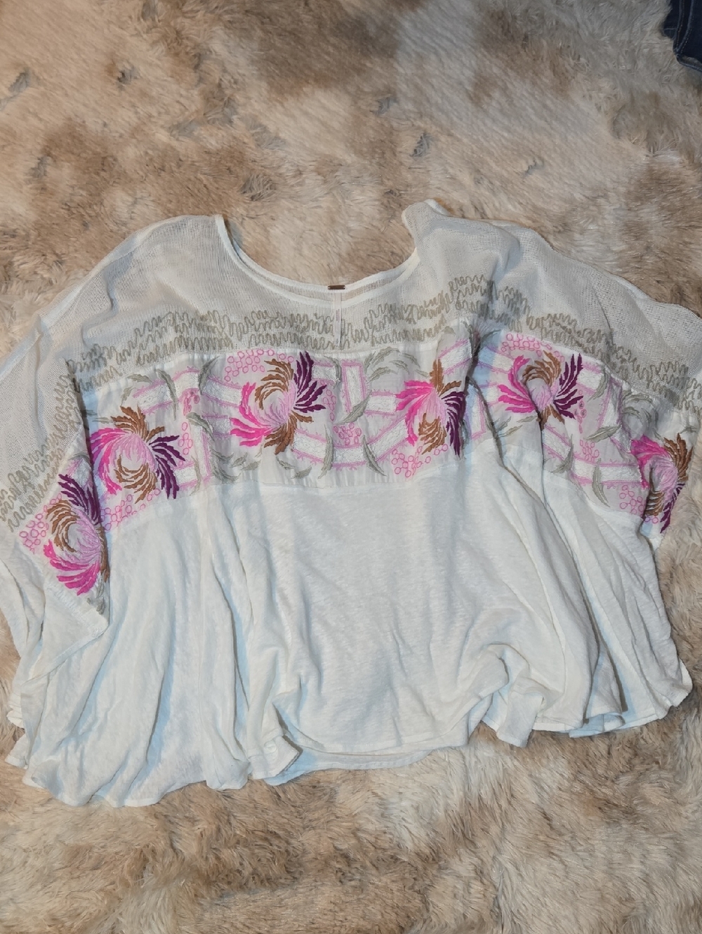Free People Cream Tunic with Pink & Purple Floral Embroidery